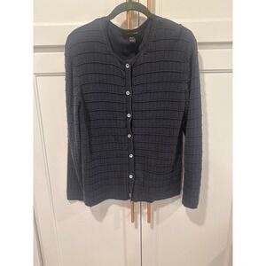 Cable & Gauge 100% Silk Cardigan Sweater Navy Blue Textured Grid Knit Large boho